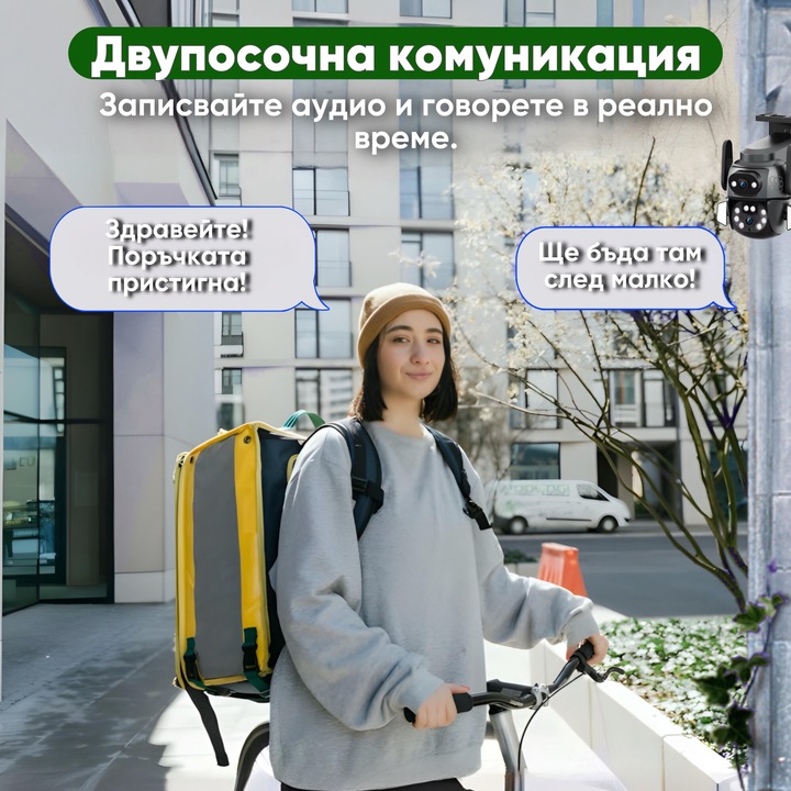 Камера за наблюдение с 2 обектива, HexaEye CCTV, PTZ сензор за движение, IP66, Нощно виждане, Вградена аларма, Двупосочна комуникация, Фенерче, сиво