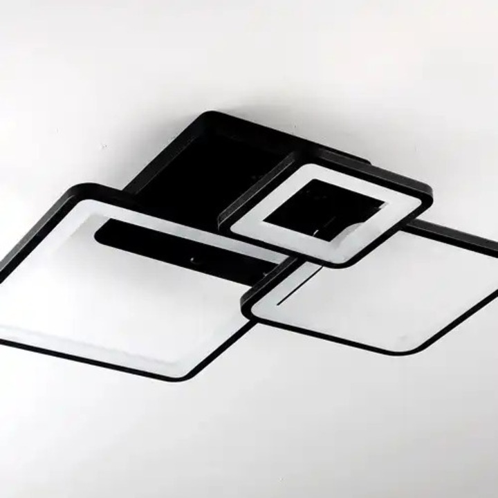 Lustra LED, telecomanda inclusa, neagra, patrata, 112W, trei tipuri de lumina, calda, neutra si rece, intensitate reglabila, dimensiuni (L, l, h) 53x51x12cm, clasa protectie IP21, montaj tavan