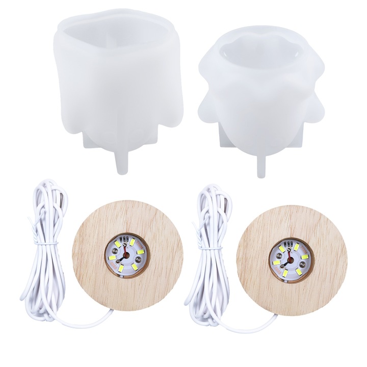 Set 2 forme din silicon pentru fantome cu 2 baze din lemn iluminate USB, lampa de noapte DIY, decor de Halloween