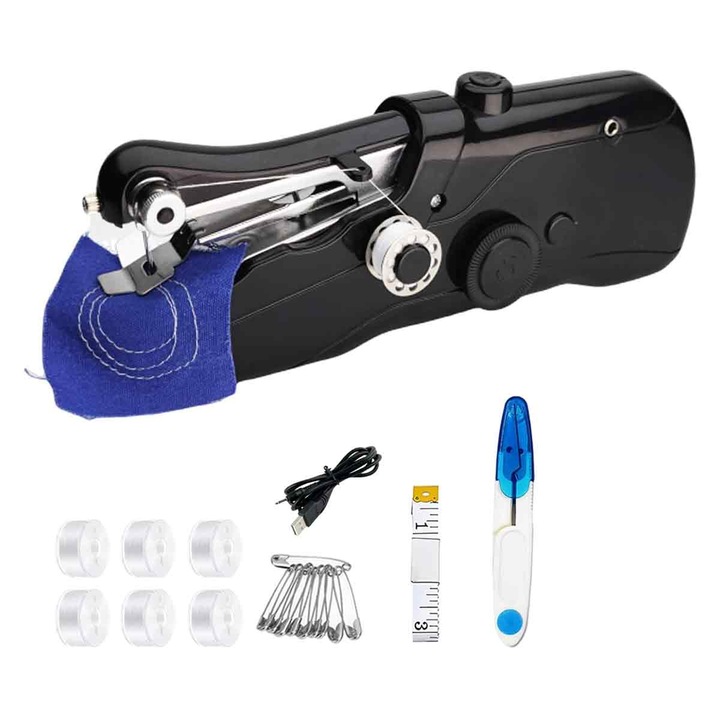 Masina de cusut portabila Zeaicos, mini, neagra, cu accesorii de cusut