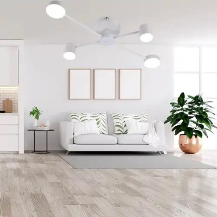 Lustra LED aplicata cu telecomanda, alba, asimetrica, 48W, 3 functii de lumina, calda, naturala si rece, intensitate reglabila, dimensiune 80x80x13cm, IP21, montaj tavan, LDC