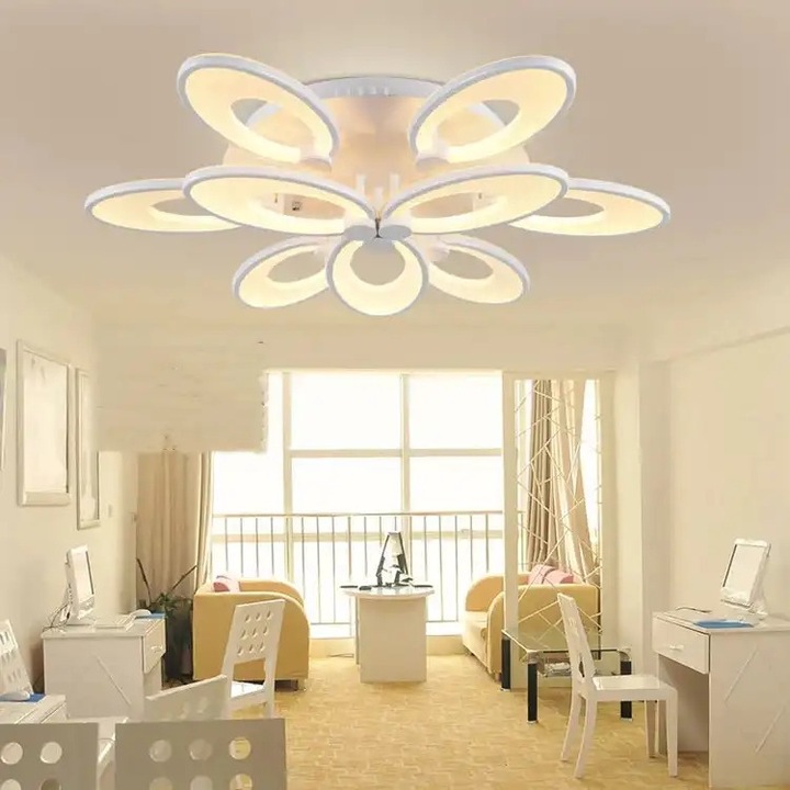 Lustra LED cu 3 tipuri de lumina si telecomanda, alba, rotunda, 132W, intensitate reglabila, lumina rece/neutra/calda, 66x66x15cm, IP21, aplicata, montaj tavan, LED CONCEPT