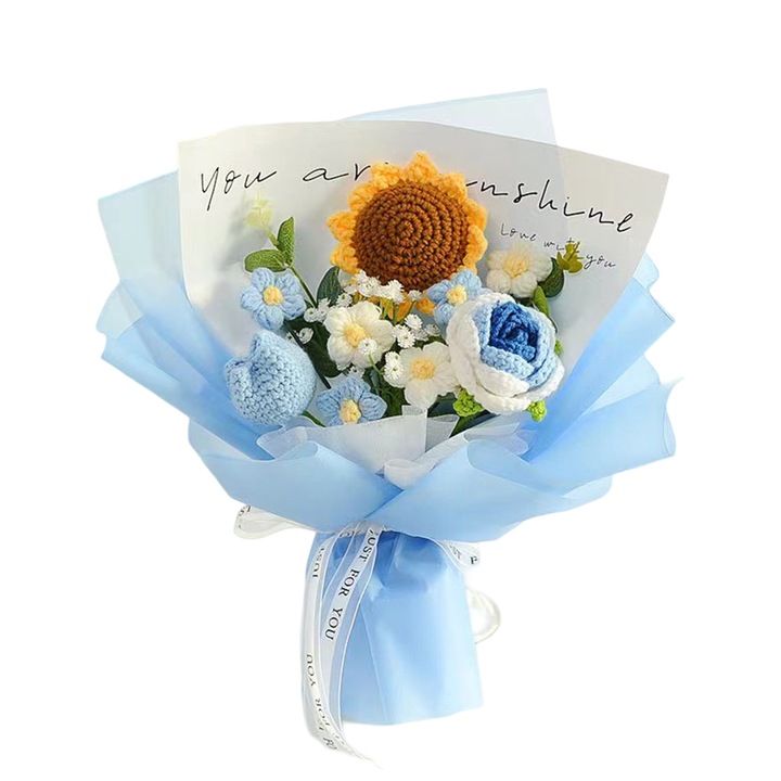 Buchet tricotat din lana pentru Ziua Indragostitilor, Enforose, roz, albastru, portocaliu, 35x15x25cm, set 1 buchet