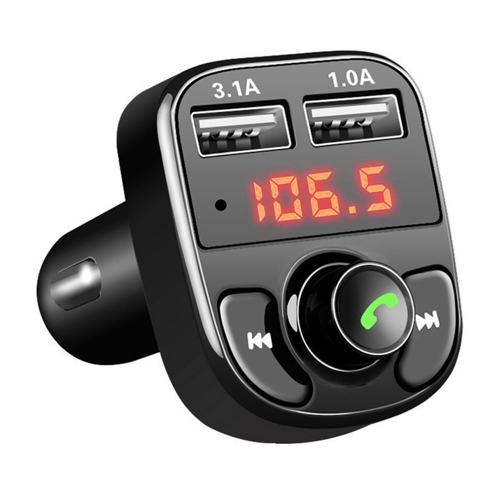 Bluetooth autós töltő mobiltelefonhoz, 12-24V, fekete, 7,3x3,2x4,5 cm, FM átvitellel és két USB porttal