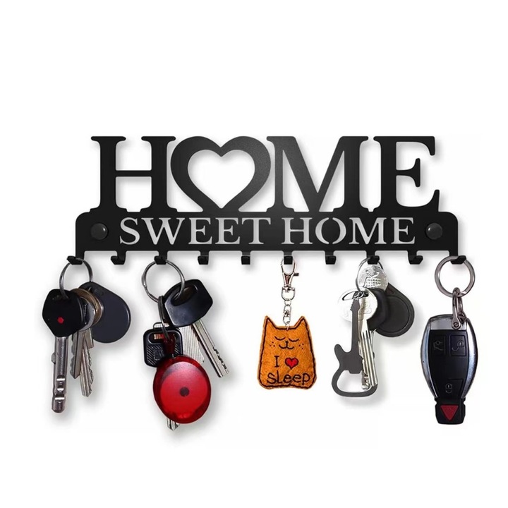 Suport chei, Model Sweet Home, negru, 10x25cm, montare pe perete, 5 carlige, cu suruburi si ancore