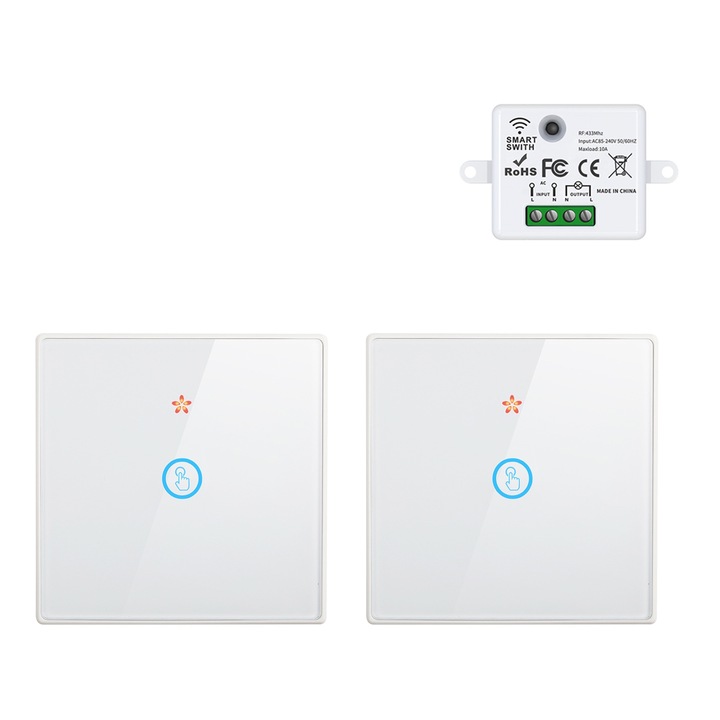 Комплект Smart Switch с дистанционно управление, 433MHz, 2 броя, стъклен панел, дистанционно управление до 100m, 85-240V