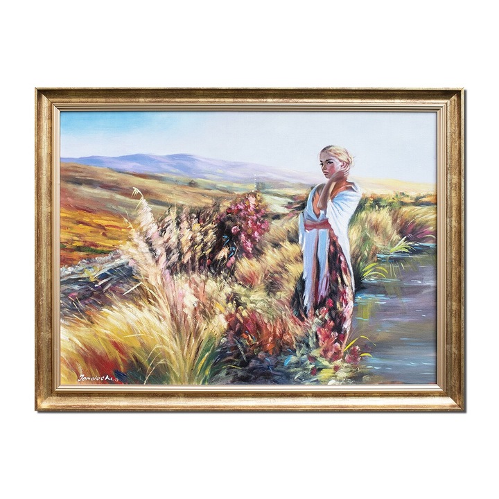 Tablou pictat manual inramat, Cu gandul la tine, 90x70cm ulei pe panza, rama din lemn auriu antichizat