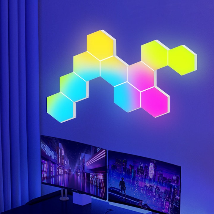 Aplice hexagonale ambientale, EqiEch, design modern, RGB, control APP si telecomanda, set de 10 bucati