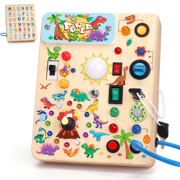 Tabla ocupata Montessori Konijiwa cu comutatoare LED, jucarie de calatorie, 17x13.5x2.8cm, +1an