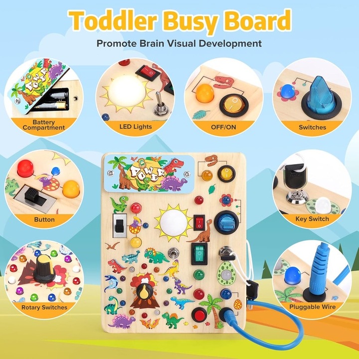 Montessori Konijiwa busy board LED kapcsolókkal, utazási játék, 17x13,5x2,8 cm, +1 év