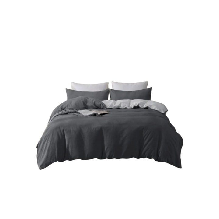 Ágynemű, MILDLY, 2 oldalon megfordítható, 2 darabos szett - paplanhuzat 135 x 200 cm és párnahuzat 80 x 80 cm, 100% pamut, Öko-Tex tanúsítvány, fehér és sötétszürke