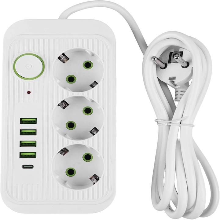 Удължител с 3 контакта и USB, 8 в 1, 2 м, бял