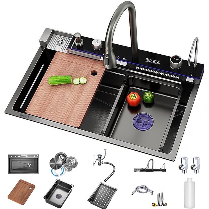 Chiuveta de bucatarie multifunctionala, care include toate accesoriile, cap de dus extensibil, masa de taiat din lemn, tevi de apa calda si rece, cos de scurgere, afisaj LCD pentru temperatura apei, doua functii de cascada, 75x45 centimetri, negru