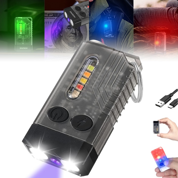 Lanterna LED mini de buzunar, RorAem, Lanterna Mini de Buzunar cu 1000 lumeni, cu beep de urgenta 80 DB, cu Laser rosu, 12 Moduri Iluminare, impermeabil IPX4, USB reincarcabil, 14 moduri, neagra