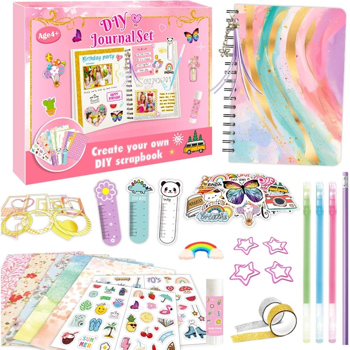 Set Creativ Jurnal DIY Dragut, RorAem, Creativ Jurnal DIY cu Set bricolaj pentru albume, caiet A6, Set de jurnal DIY pentru fete, grila in interiorul paginilor, 141 piese, multicolor, 6x8 inch, cu stilou, autocolante, carduri, semne de carte, ornamente