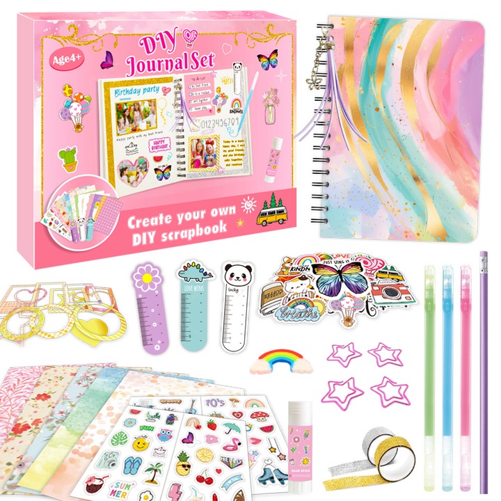 Комплект Creative Journal DIY Dragut, RorAem, Creative Journal DIY с комплект бриколаж за албуми, бележка A6, Комплект DIY дневник за момичета, решетка във вътрешността на страниците, 141 парчета, многоцветен, 6x8 инча, с писалка, наклейки, карти, знаци з