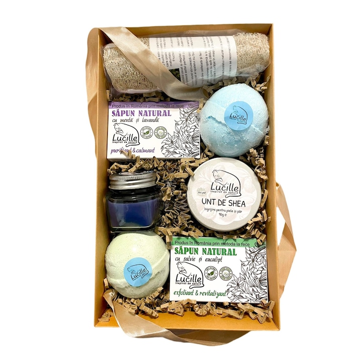 Комплект натурална козметика Lucille - Fresh Vibes - с 2 натурални сапуна 2x90g, 2 ефервесцентни топки за баня 2x120g, 1 пречистено масло от шеа 1x90g, 1 гъба от луфа 1x10g, 1 ароматна свещ 1x28g