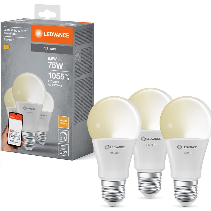 Комплект 3 смарт крушки LED LEDVANCE SMART+ Wi-Fi, A75, E27, 9.5W (75W), 1055 лумена, Димируеми, Топла светлина (2700K), Съвместими с приложението LEDVANCE SMART+ Wi-Fi/Amazon Alexa/Google Home, Енергия клас Е