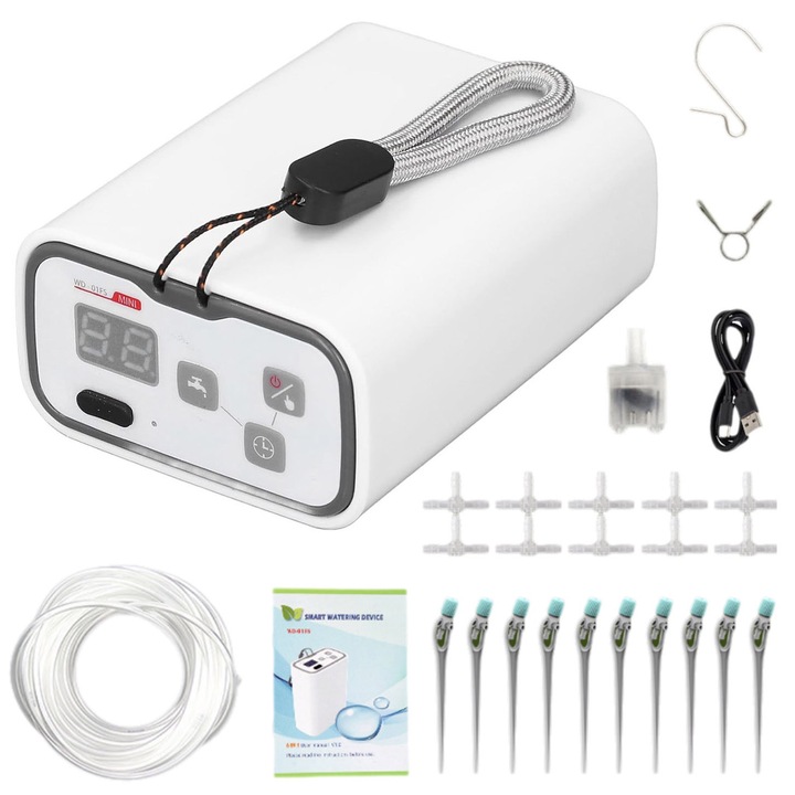 Set de irigare automat la radacina plantelor, Programator si temporizator irigare, Dispozitiv de udare automata smart, pentru 10 Ghivece, Tija picurare reglabila, Udare prin picurare, Acumulator 1800mAh, Furtun 10m, OUYLAF, Alb