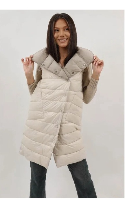 Hosszú kifordítható steppelt mellény, Lucette, zsebekkel, bézs, SM