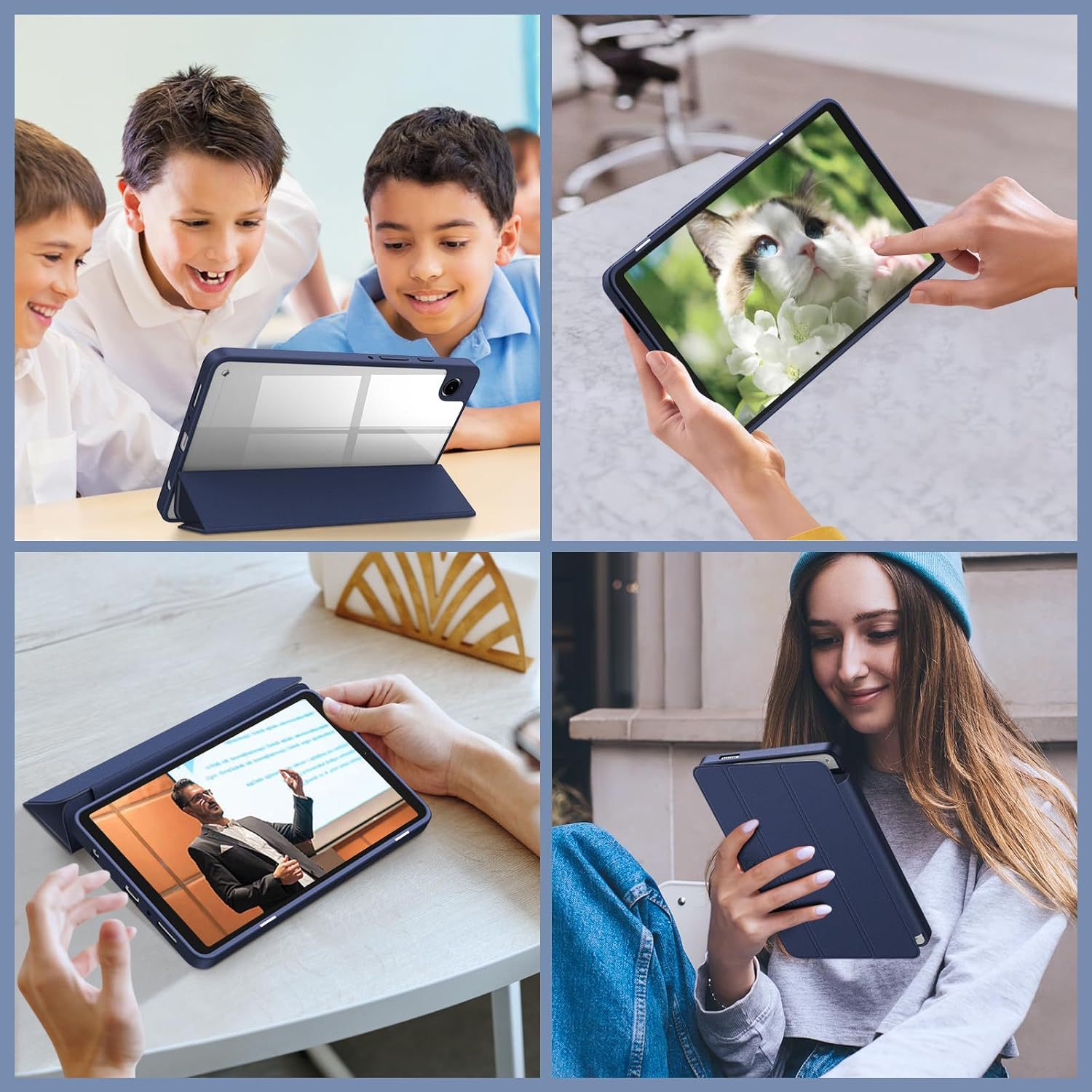 Husa de protectie pentru tableta Samsung Galaxy Tab S9/S9FE cu carcasa inteligenta Tri-Fold PU Drop Protection Wake-Up Function, 10, 9 inch 2023, acrilic, albastru