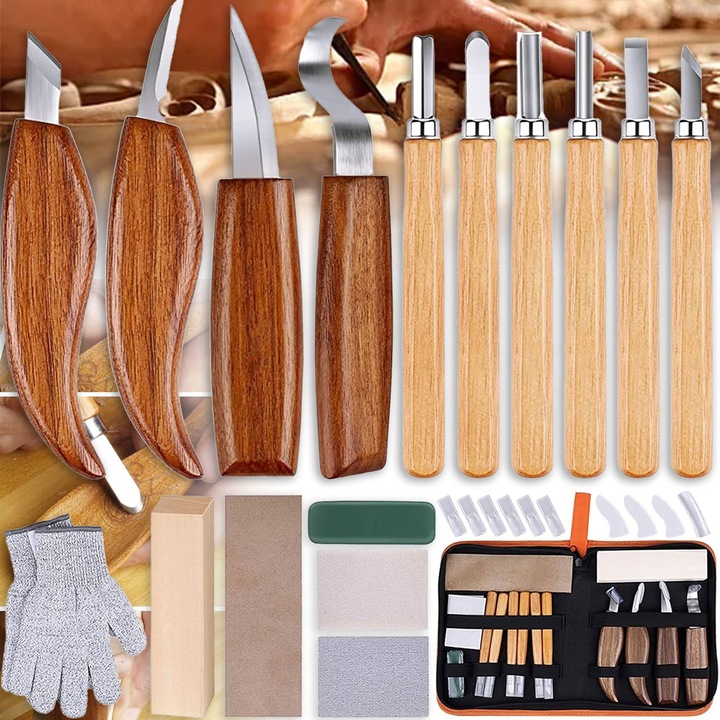 Set de 26 de piese pentru sculptura in lemn, Excitat®, inclusiv unelte detaliate pentru sculptura in lemn, cutite de gravat, daltite pentru lemn, manusi, piatra de ascutit pentru cutitul de sculptura, Otel carbon+lemn, Multicolor