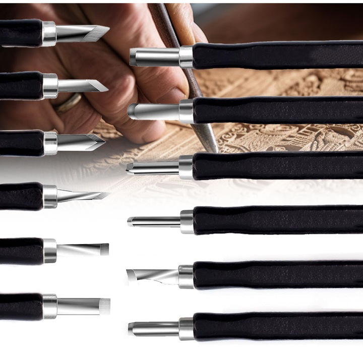 Комплект от 12 аксесоара за дърворезба, Excitat®, Въглеродна стомана + дърво, Лесни за употреба, мини длета за дърво, подходящи за начинаещи, подаръци за възрастни и деца, Черни