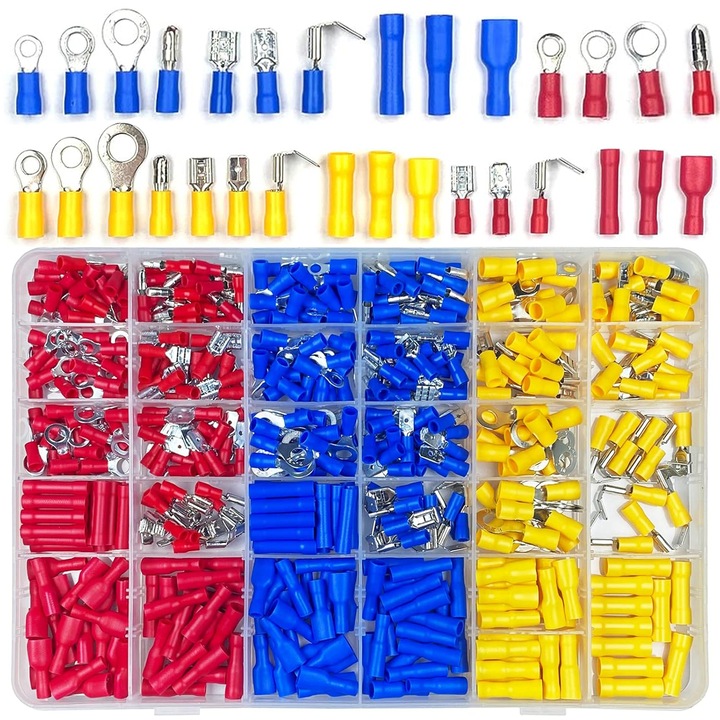 Elektromos csatlakozókészlet, Excitat®, 480 darab, PVC/Réz/Fém, Szigetelt csatlakozók, 3 szín, dugaszos és dugaszos csatlakozókkal, többszínű