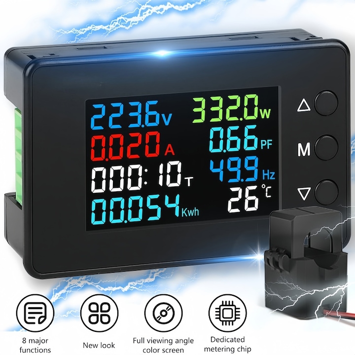 Contor digital pentru curent alternativ 8 in 1, Excitat®, cu ecran LCD, interval de tensiune 50-300V si curent de 0-100A, cu transformator de tensiune deschis 110V/220V, Avertisment sonor, afisaj digital, instrument de testare si monitorizare, Negru