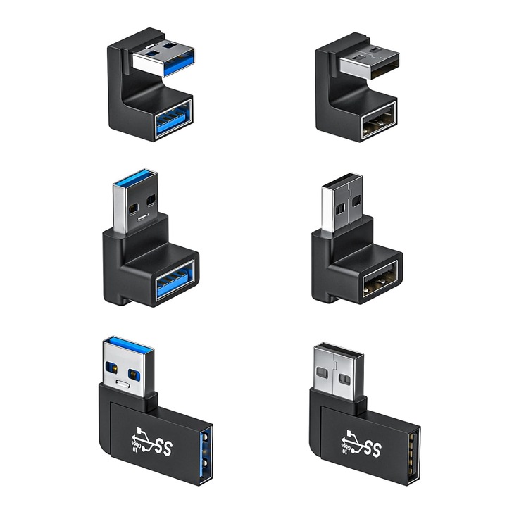 Комплект от 6 USB 3.0 удължителни адаптера, JENUOS®, plug and play, 10 Gbps трансфер на данни, щепсел тип A към женски щепсел A, ъгъл 90 градуса, 5V/3A, черен