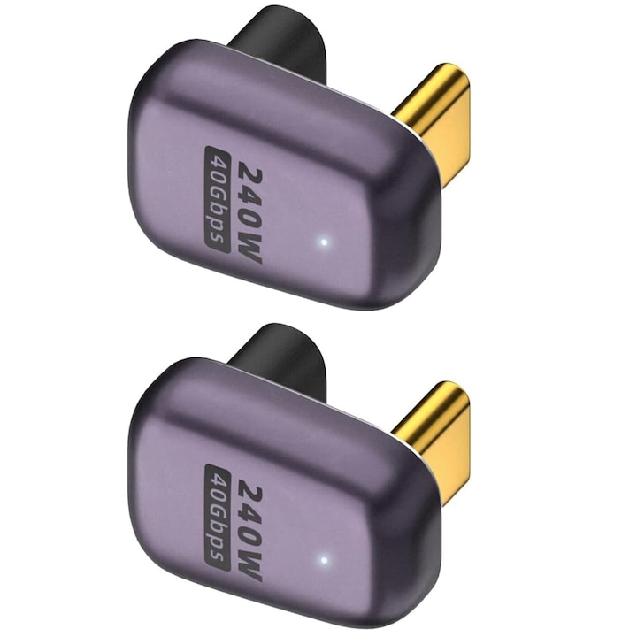 Set 2 adaptoare, JENUOS®, incarcare 240W, viteza de transfer de date de 40 gbps, USB Type-C, U-shape 180 degree, compact si portabil, Violet