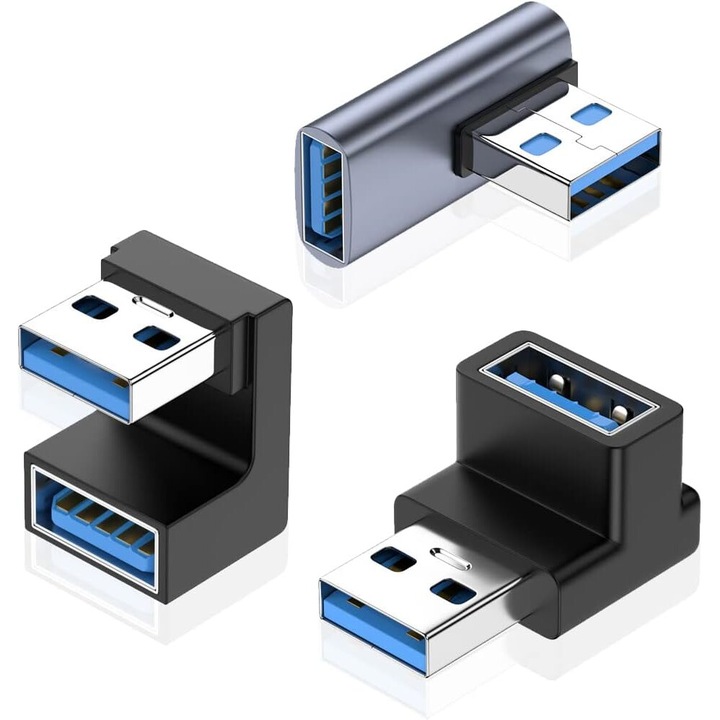 Комплект от 3 удължителни адаптера, JENUOS, plug and play, USB 3.0, 10 Gbps трансфер на данни, щепсел тип A към женски щепсел A, ъгъл 90 градуса, 5V/3A, черен/сив