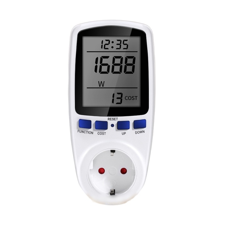 Dispozitiv de masurare a puterii, afisaj digital, timp real, 7 moduri, protectie la suprasarcina, calcularea electricitatii, baterie, ignifug, siguranta, alb