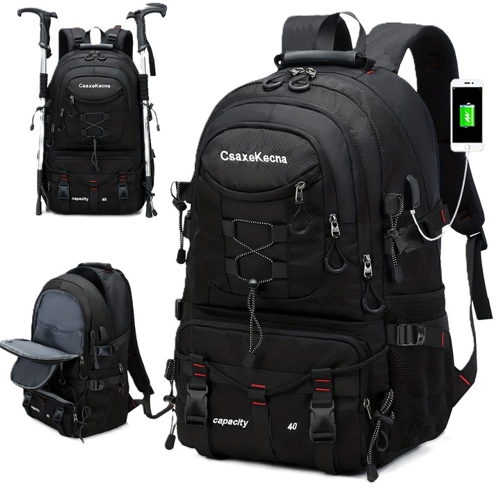 Rucsac multifunctional de calatorie, NORTHERN™ Everest ESSENTIALS, impermeabil, capacitate de 55L, cu slot USB de incarcare a telefonului si bretele ajustabile, pentru drumetii, vanatoare, camping, voiaj, 52 cm x 34 cm x 19 cm, Negru