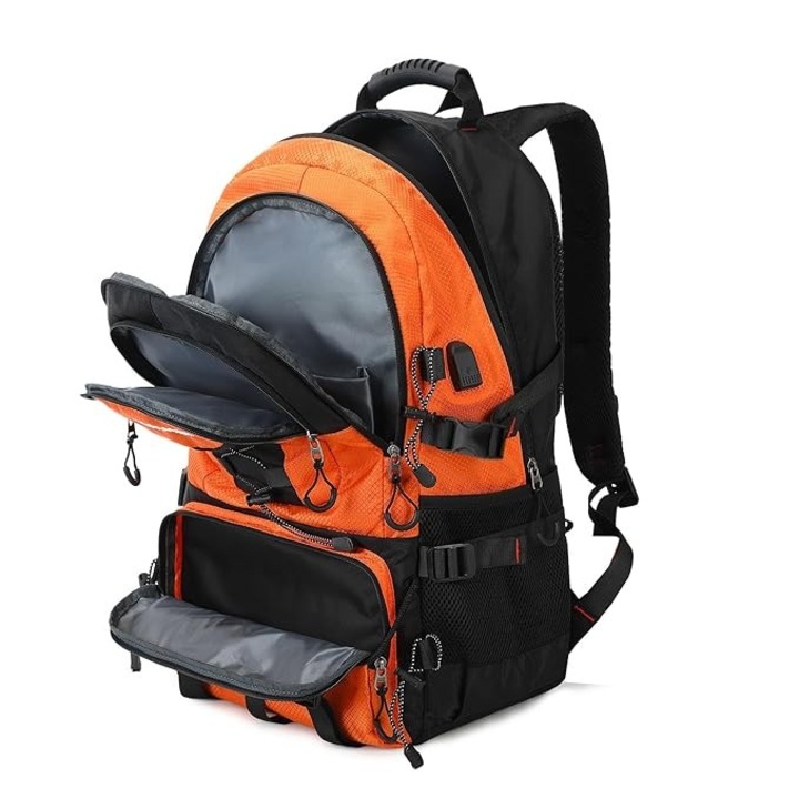 Многофункционална раница за пътуване, ESSENTIAL, водоустойчива, 55L, с USB слот за зареждане и регулируеми презрамки, за туризъм, лов, къмпинг, пътуване, 52 см x 34 см x 19 см, оранжева