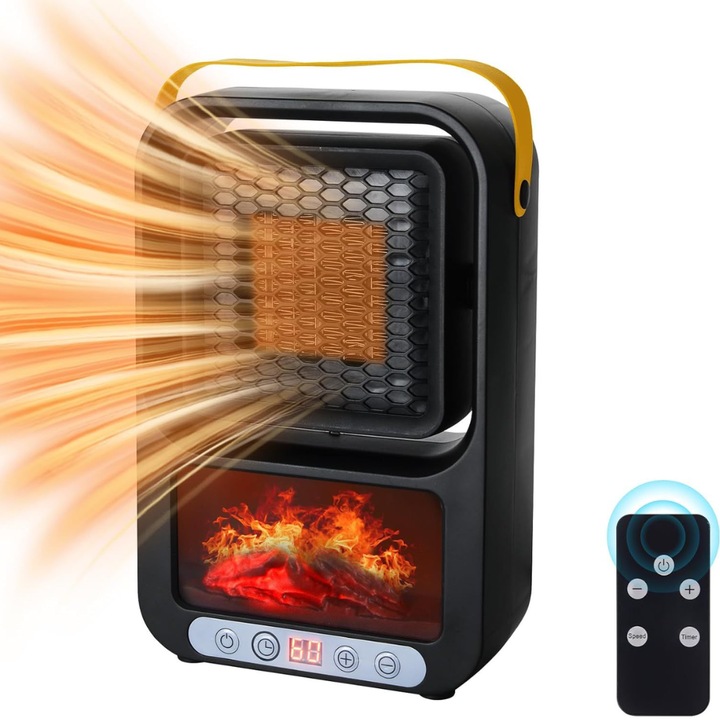 Incalzitor cu efect de flacara, unghi reglabil, incalzire ceramica PTC, telecomanda - negru