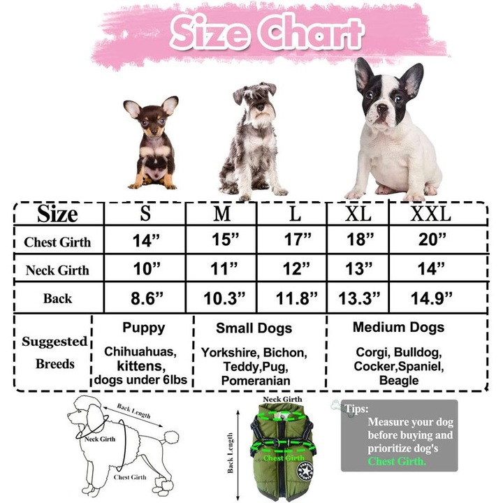 Jacheta de iarna pentru caini, impermeabila, cu curea de siguranta, verde, L