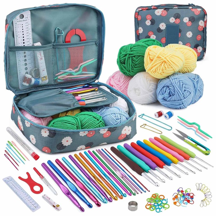 Комплект аксесоари за плетене на една кука, OUYLAF, 107 части, 14 алуминиеви куки, 5 конеца за плетене на една кука, многоцветен
