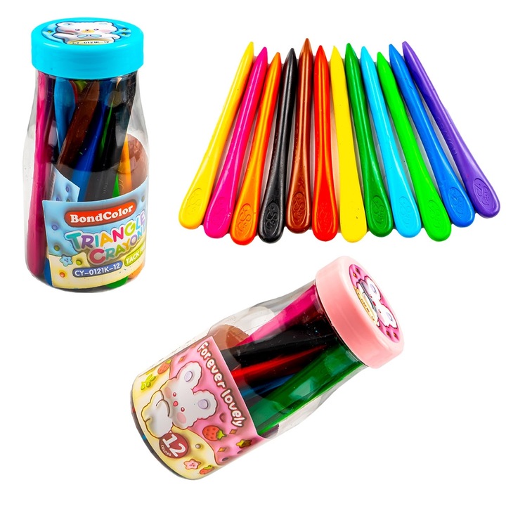 Set 12 buc Creioane Colorate Cerate, Triunghiulare, In Suport Borcan, 10 cm, Vision XXI