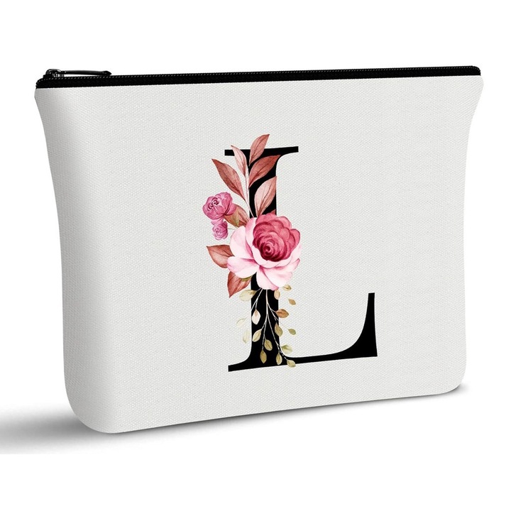 Portfard personalizat cu litera L, geanta de cosmetice de calatorie in aer liber，material din bumbac 100%, multicolor