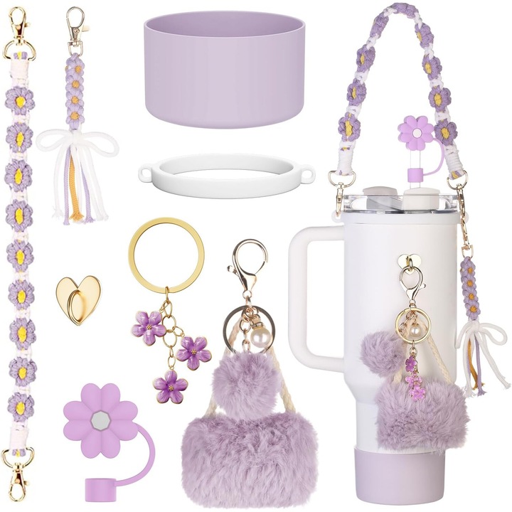 Stanley bögre-kiegészítő készlet, YQLAFT, italtartó, 1 fogantyú, 1 szilikon csizma, 1 szalmakupak, 1 virág zsinór, 1 extra táska, 1 virág kulcstartó, 1 szívkampó, lila