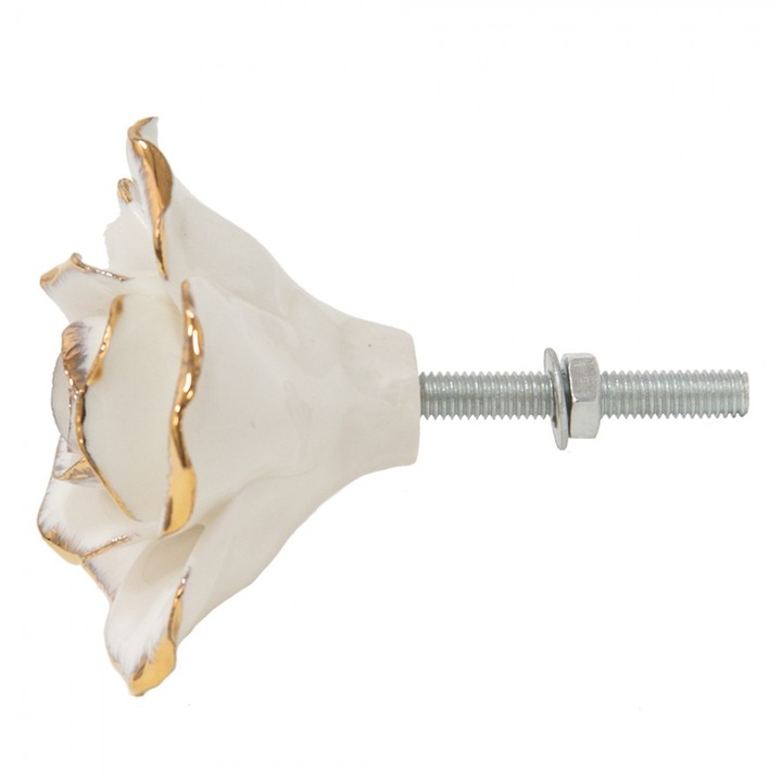 Buton pentru mobilier, ceramin, alb cu auriu, 5x4x5 cm