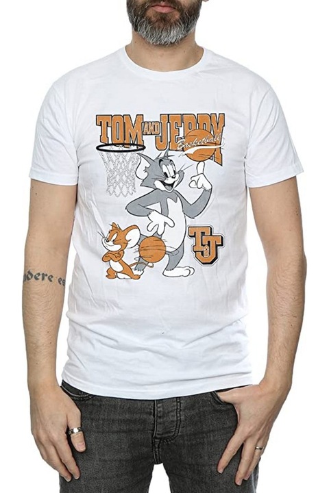 Мъжка въртяща се баскетболна тениска Том и Джери, бяла, Бял
