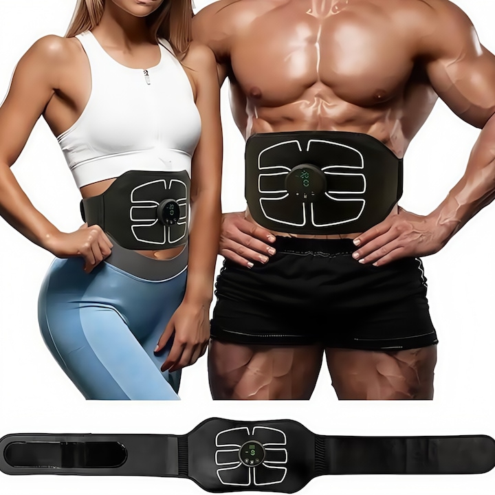Centura pentru Slabit si Muschi Abdominali, RorAem, Centura de tonifiere abdominalam 6 moduri de antrenament, portabila, pentru acasa, Antrenament Suplimentar, Spate, zona Umeri, Electrostimulare EMS, Abdomen