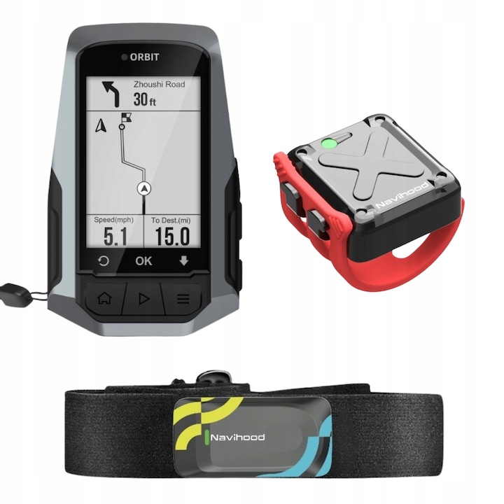 Set computer bicicleta cu navigatie GPS Meilan Navihood L1, senzor cadenta Bluetooth A2, pulsometru Navihood A3, 2,6 inch, impermeabil