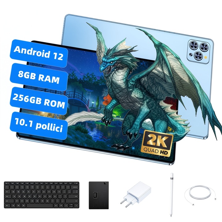 Таблет 10,1-инчов Android 12, 8GB RAM+256GB ROM, Octa-Core, Wifi, 8000mAh, 8MP+16MP, с калъф, клавиатура, писалка, син