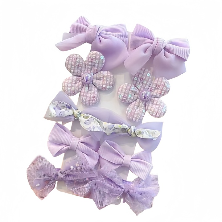 10 db-os tüll hajcsat, virágok és masnik, lila, 3,5 cm, 5 cm, lila készlet