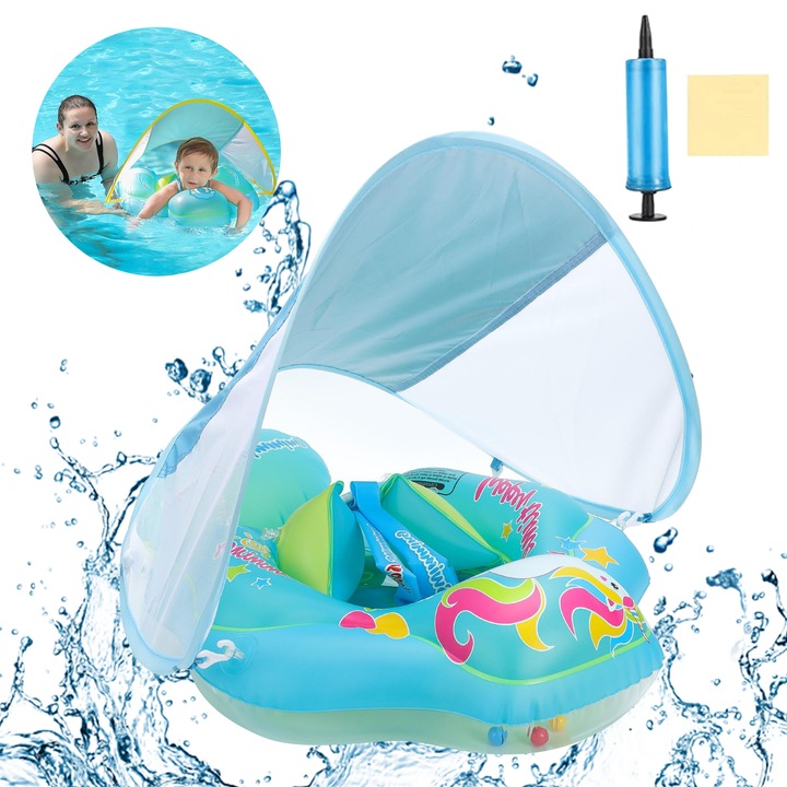Colac inot cu parasolar si pistol cu apa pentru bebelusi si copii, RorAem, cu Colac de inot pentru bebelusi, cu acoperis detasabil, cu suport burtica si cotiera, Anti-rasturnare, model Unicorn masina gonflabila Inot si izvoare termale, albastru, 3-36 luni