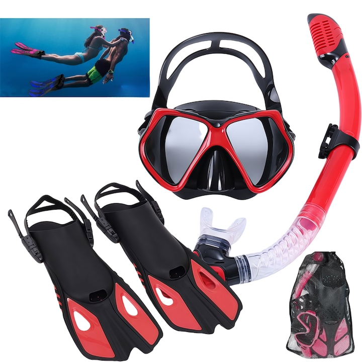 Set De Snorkeling, RorAem, Echipament De Snorkeling Cu Labe De Inot, Includes geanta de scufundari gratuite, snorkeling uscat si aripioare, snorkeling uscat si aripioare, HD, rezistent la apa, Pentru Calatorii Pentru Adulti, Labe Scurte Reglabile, Rosu
