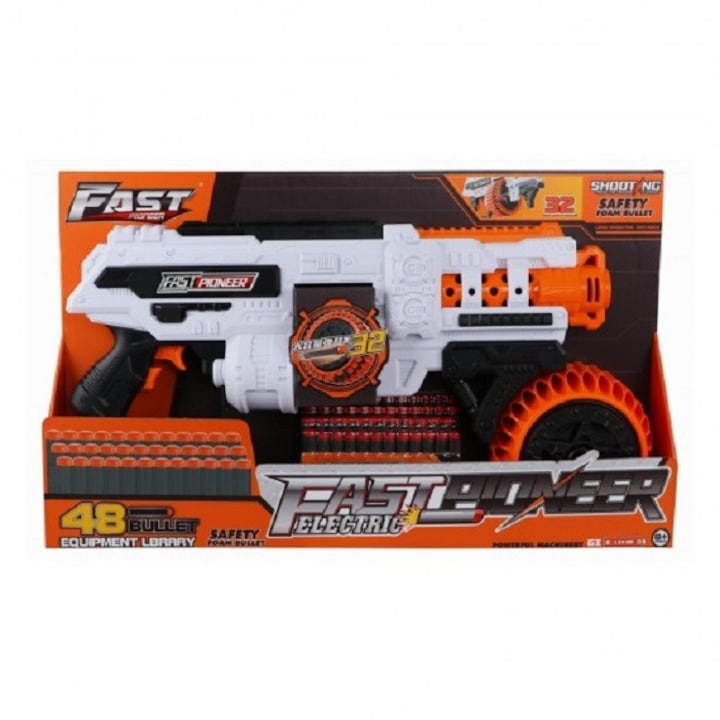 Blaster de jucarie electric cu gloante din spuma, 48 proiectile, cilindru rotativ, Fast Pioneer